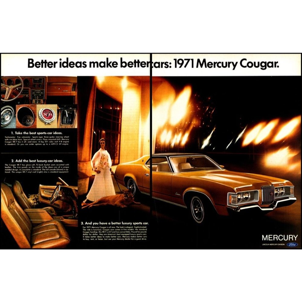 1971 Mercury Cougar XR7 Hardtop 2 Page Vintage Print Ad City Skyline Wall Art